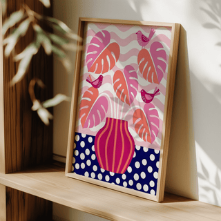 Contemporary Tropical Plant Wall Art poster for modern living room in Pink and Blue