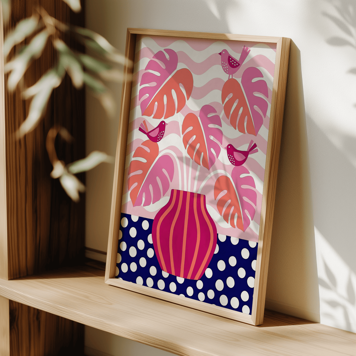 Contemporary Tropical Plant Wall Art poster for modern living room in Pink and Blue