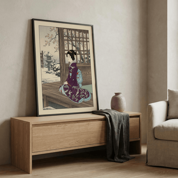 Print of kimono-clad figure seated on porch with blossoms and architecture
