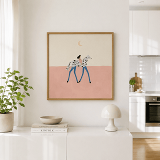 Stylized wall art print with a rider, spotted horse body, and minimal sky detail