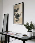 Beige, gray, black motorsport wall art poster featuring a curved circuit and race car