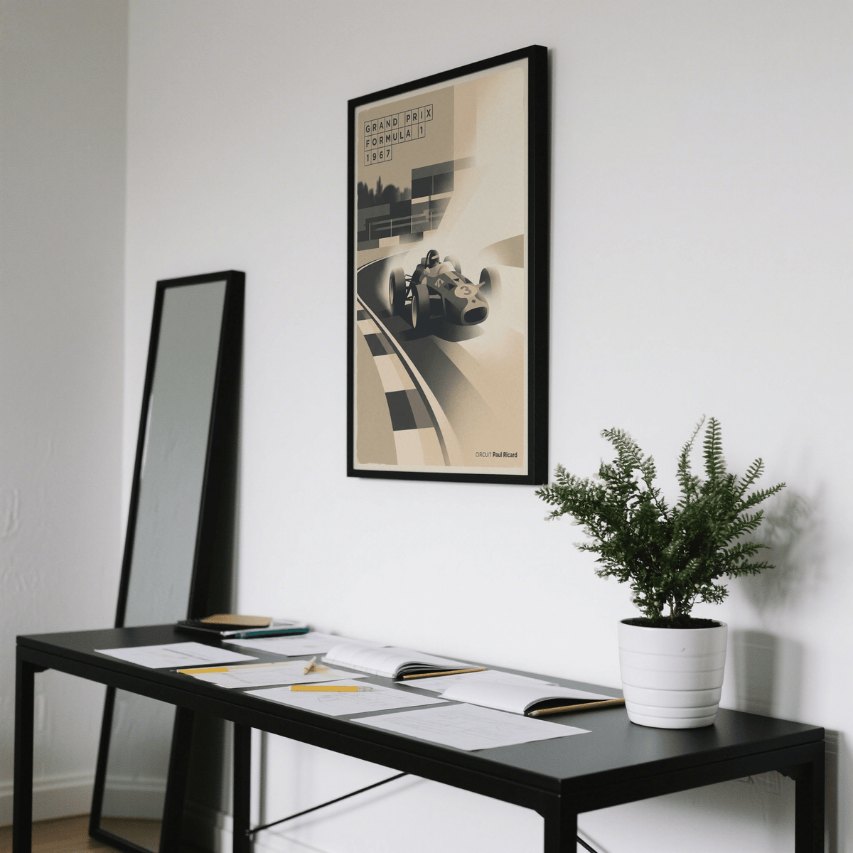 Beige, gray, black motorsport wall art poster featuring a curved circuit and race car