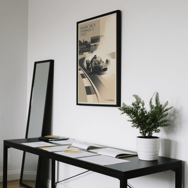 Beige, gray, black motorsport wall art poster featuring a curved circuit and race car
