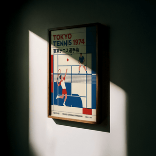 Retro tennis wall print depicting two players separated by a net