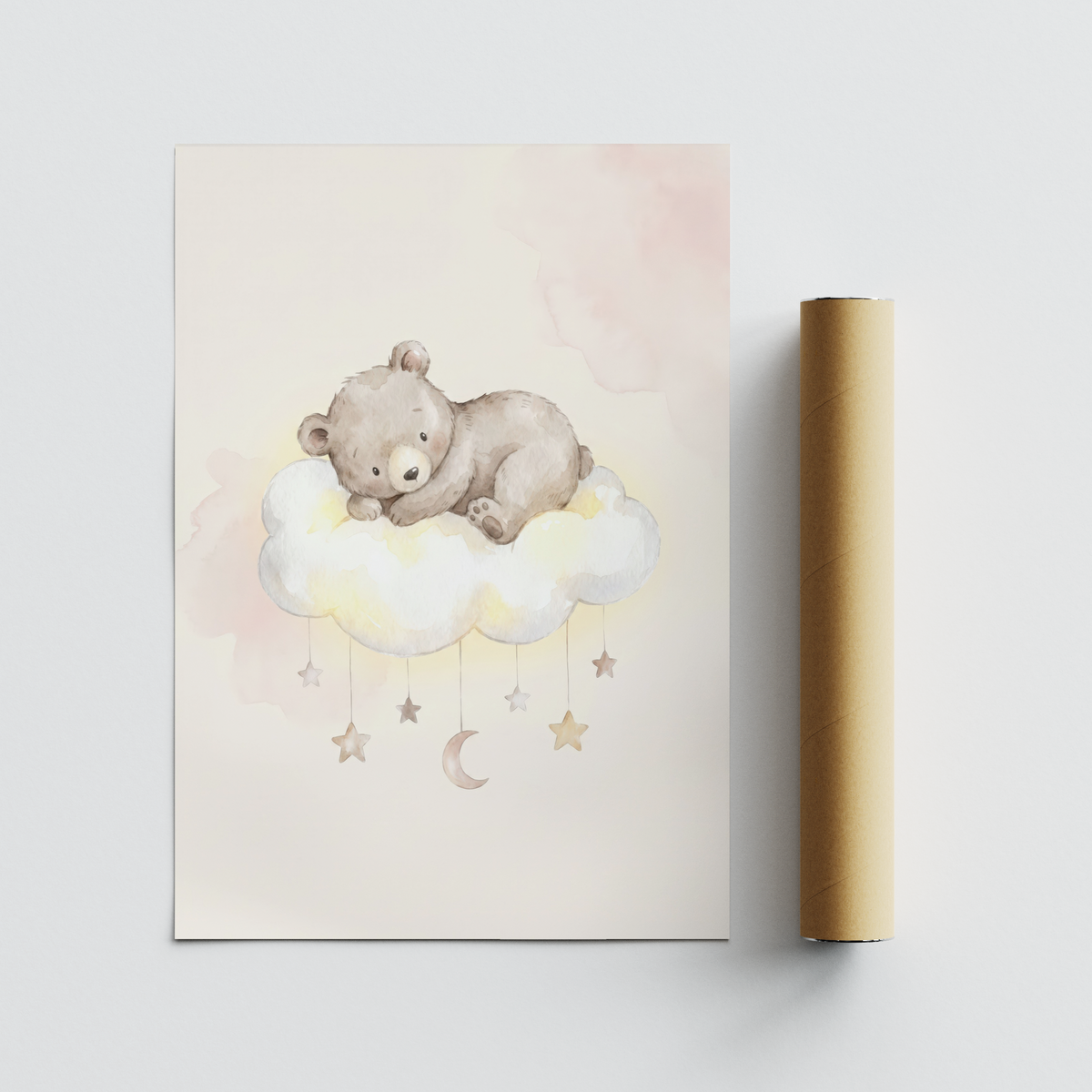 Cute Bear Cloud Art Print showing a sleeping bear on a cloud with hanging moon