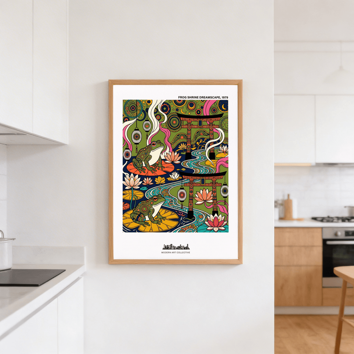 Presenting two frogs on round pads, graphic wall art print with flowing water and lotus blossoms