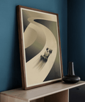 Curved-track Racing Car Art Print poster with small car placed low in the composition