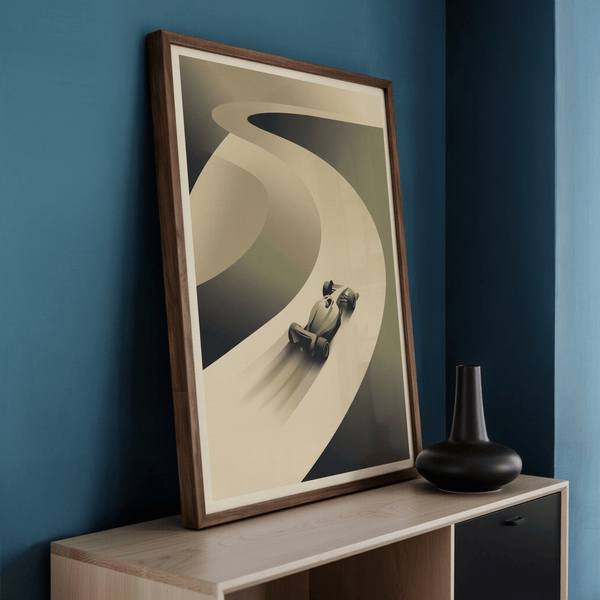 Curved-track Racing Car Art Print poster with small car placed low in the composition