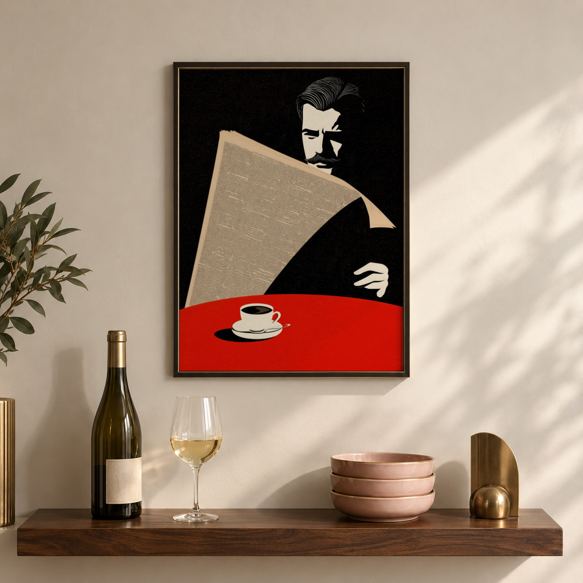 Tabletop scene wall art print with coffee cup, saucer, and a large folded newspaper