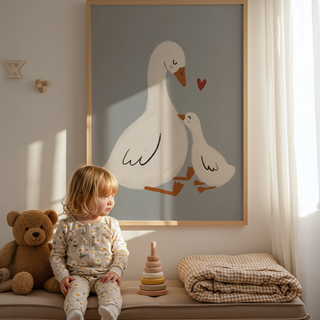 Showing a large goose and baby goose, Mother Goose Art Print for nursery wall