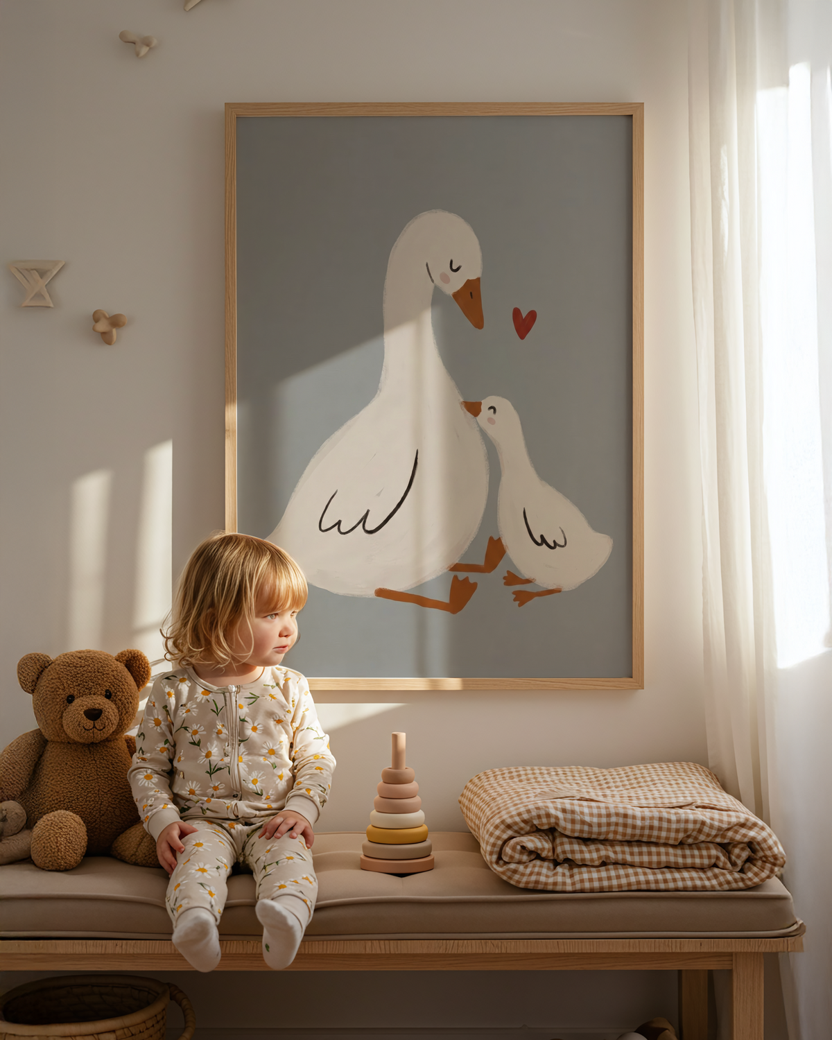 Showing a large goose and baby goose, Mother Goose Art Print for nursery wall