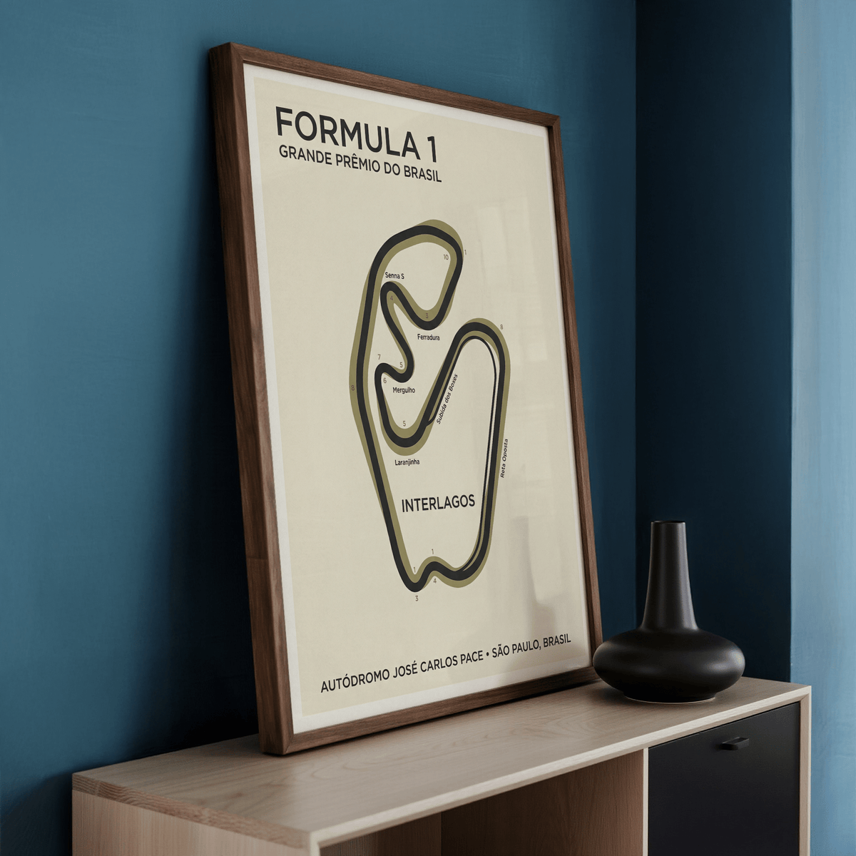 Detailed Interlagos Circuit Wall Art poster highlighting turn markers and circuit silhouette