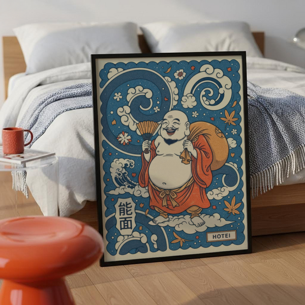 Vibrant Hotei Wall Art print with swirling wave patterns