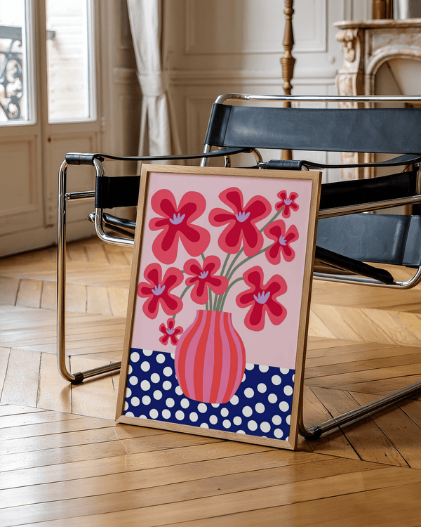 Colorful Flower Poster featuring Blue, White, Pink, and Green in a home office poster