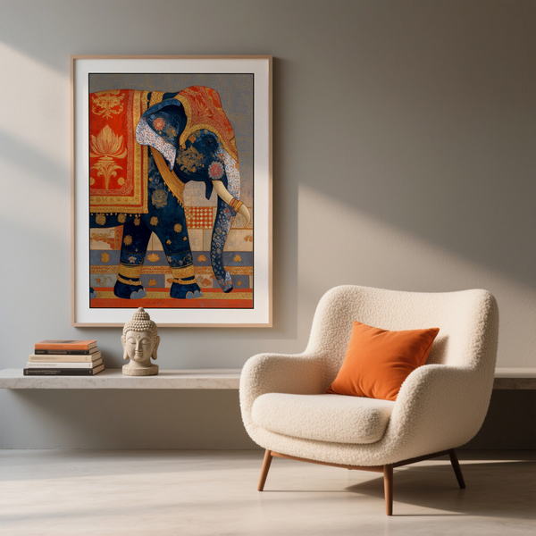 Traditional-style Indian Elephant Print featuring ornate patterns and textile bands