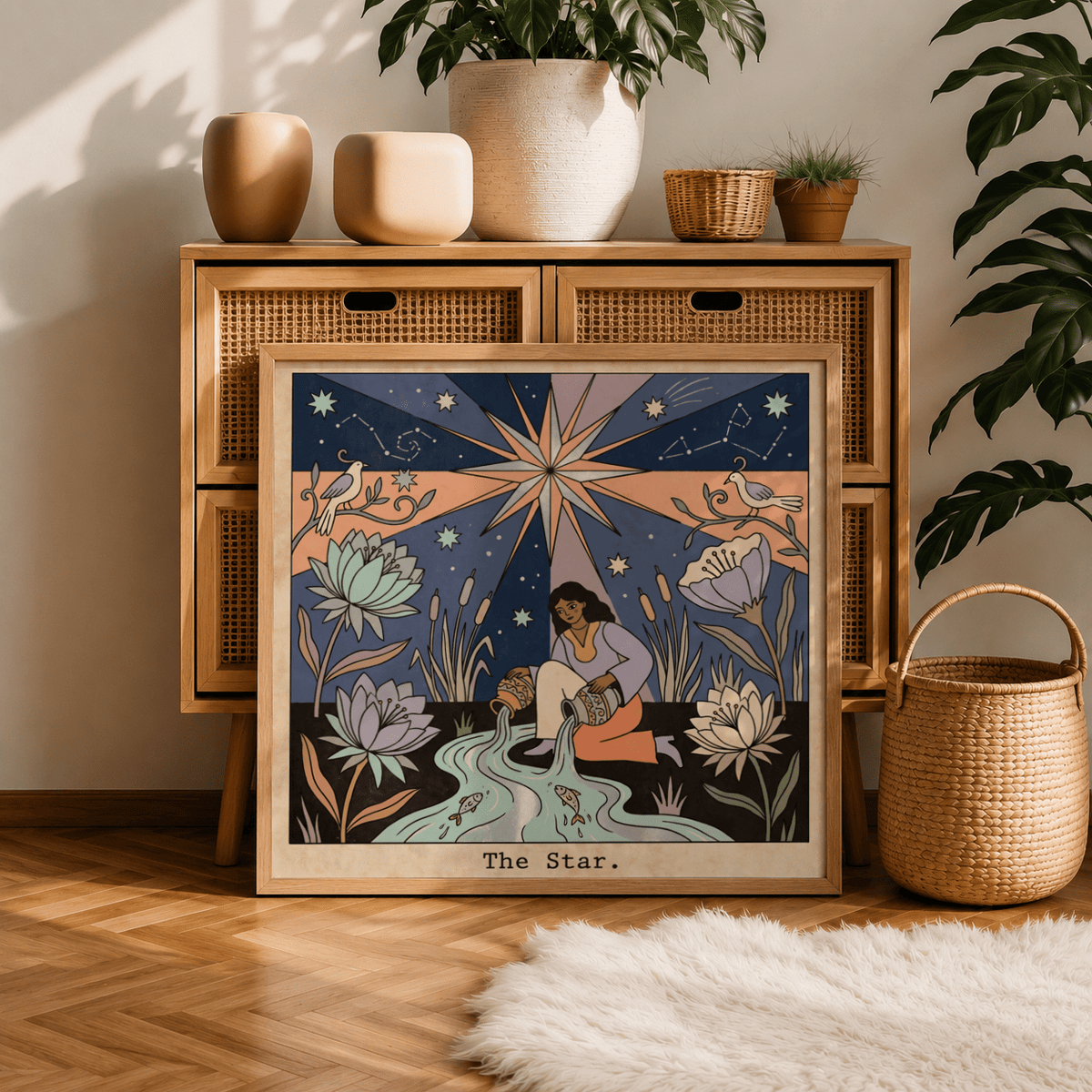 Star card themed wall art print with a large multi-point star above a kneeling figure