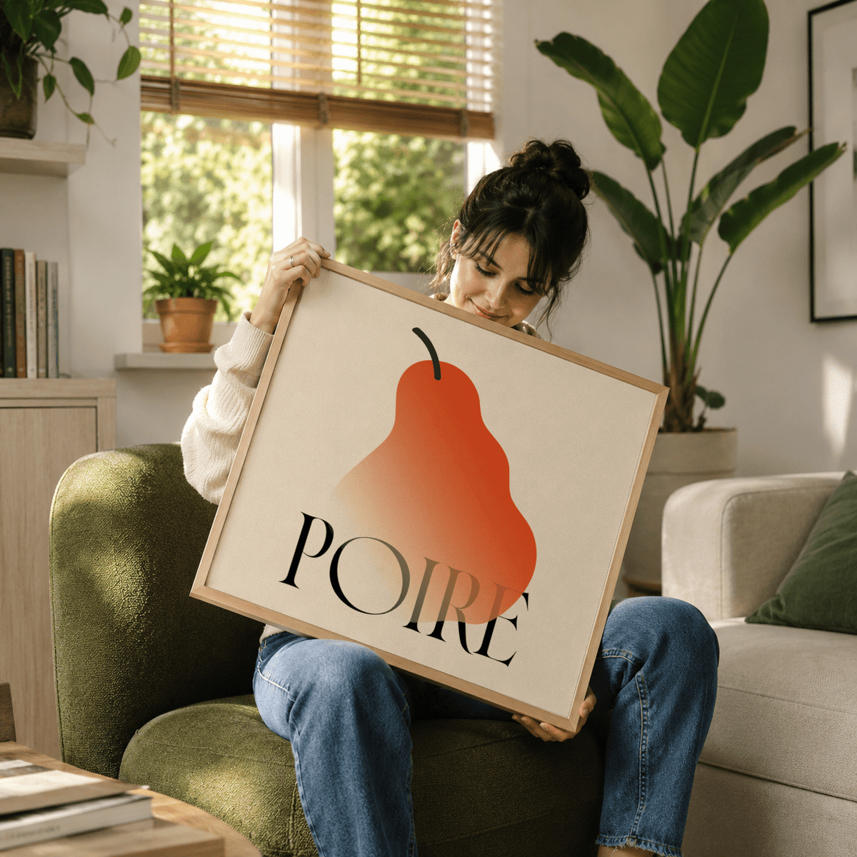 Modern Pear Poster shown as minimalist fruit wall art with pear shape and bold serif letters