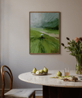 Directional brushstroke path across layered green fields wall print