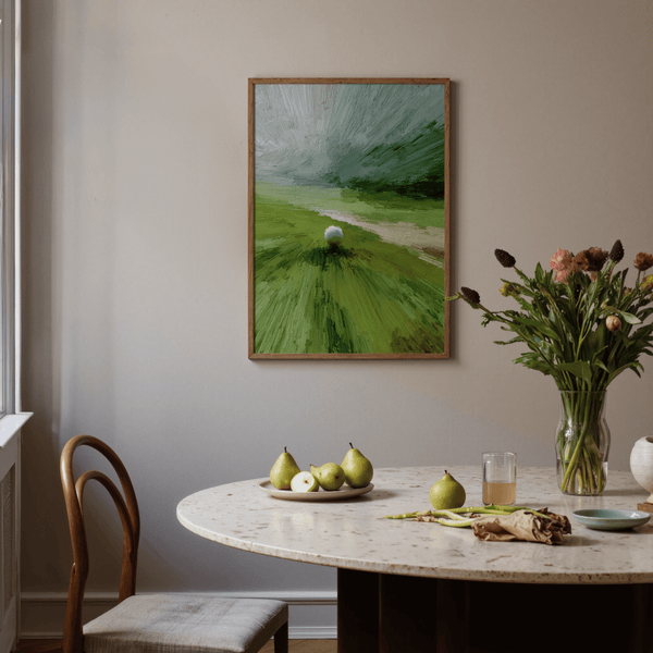 Directional brushstroke path across layered green fields wall print