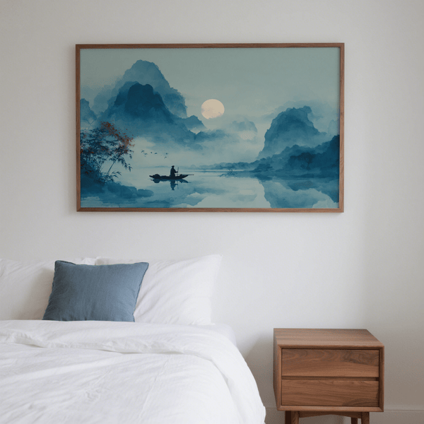 Serene Nature Poster featuring blue mountains and white sun for study