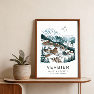 Verbier Mountain Wall Art poster featuring chalets, gondola cabins, and alpine ridge