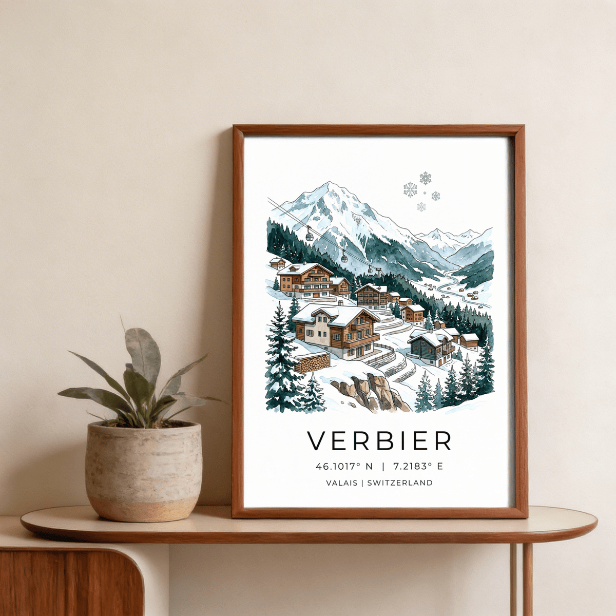 Verbier Mountain Wall Art poster featuring chalets, gondola cabins, and alpine ridge