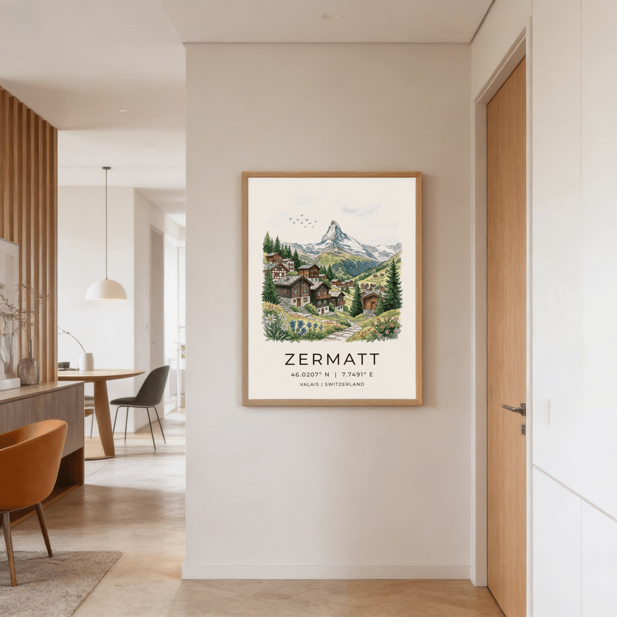 Zermatt Switzerland Art Print featuring alpine houses and a central mountain motif