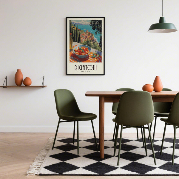 A scenic pasta artwork with rigatoni in tomato sauce beside an olive oil bottle.