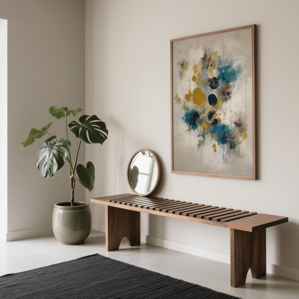 Abstract Modern Art Print featuring Blue, Gold, Beige for hallway decor