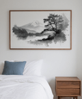 Black and White Print wall art with tranquil mountain and lake scenery, grayscale tones for hallway