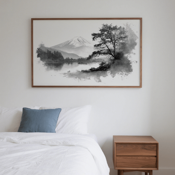 Black and White Print wall art with tranquil mountain and lake scenery, grayscale tones for hallway