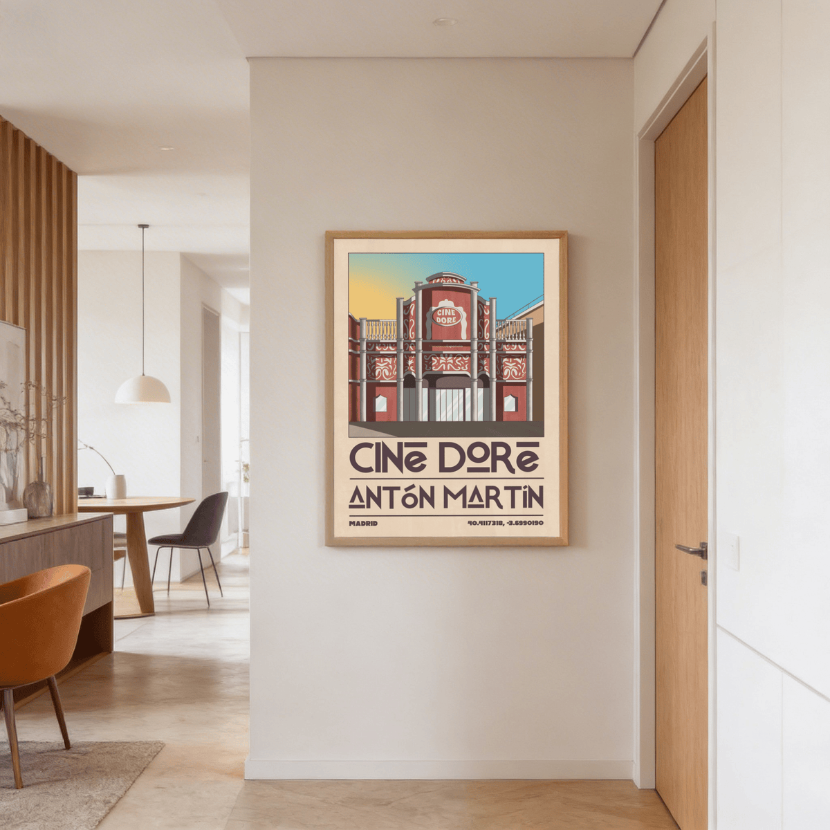 Bordered city poster print showing Cine Doré entrance doors, columns, and patterned facade panels