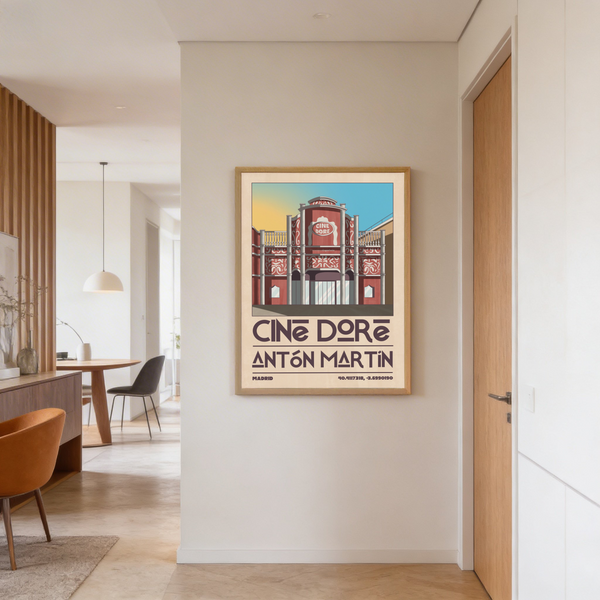 Bordered city poster print showing Cine Doré entrance doors, columns, and patterned facade panels