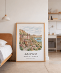 Landscape wall art print featuring Jaipur architecture on a hillside overlooking a lake