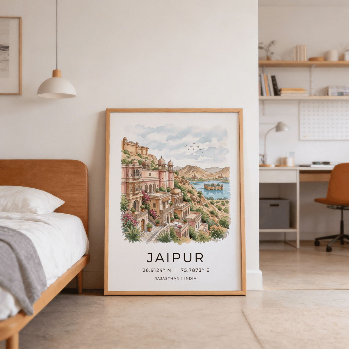 Landscape wall art print featuring Jaipur architecture on a hillside overlooking a lake