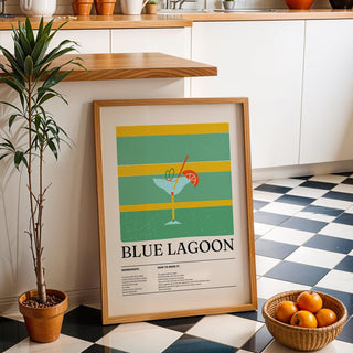 Mid-century inspired kitchen wall picture of a classic Blue Lagoon drink.