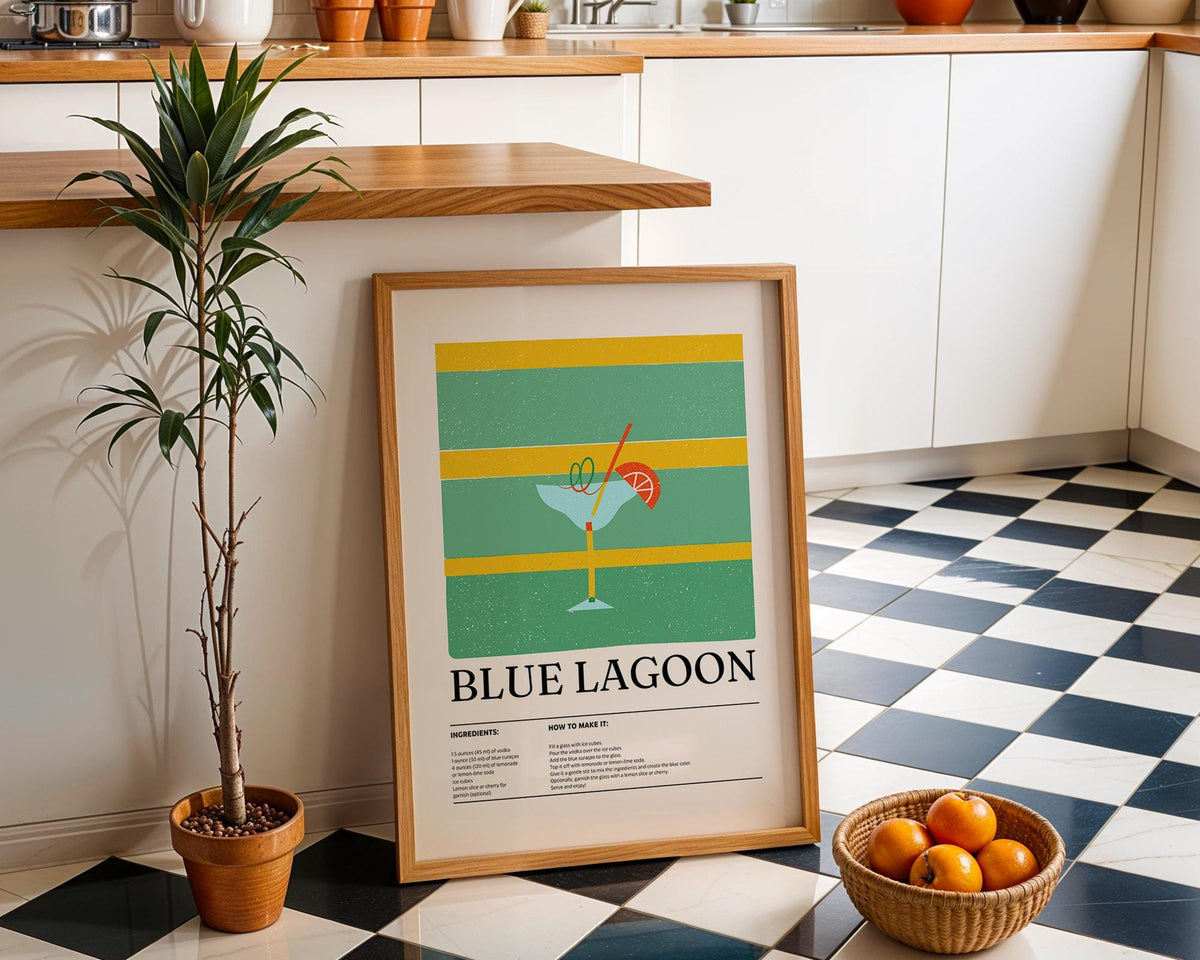 Mid-century inspired kitchen wall picture of a classic Blue Lagoon drink.