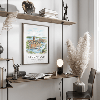 View of Stockholm harbor print showing palace building, islands, and birds