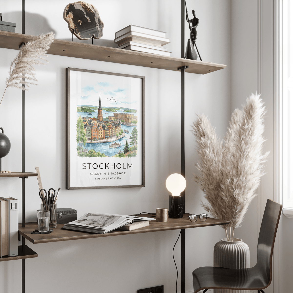 View of Stockholm harbor print showing palace building, islands, and birds