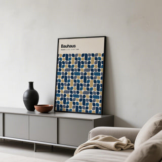 Poster of Navy and Gold Wall Art with symmetrical Bauhaus-inspired composition