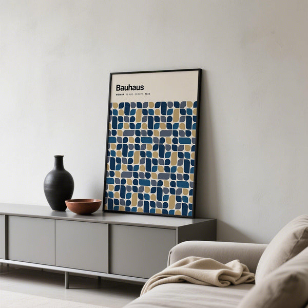 Poster of Navy and Gold Wall Art with symmetrical Bauhaus-inspired composition