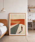 Minimalist cyclist road poster in Orange, Green, Gray, and Beige palette