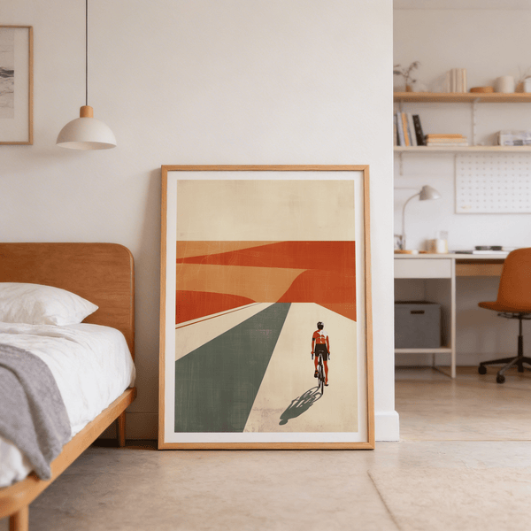 Minimalist cyclist road poster in Orange, Green, Gray, and Beige palette