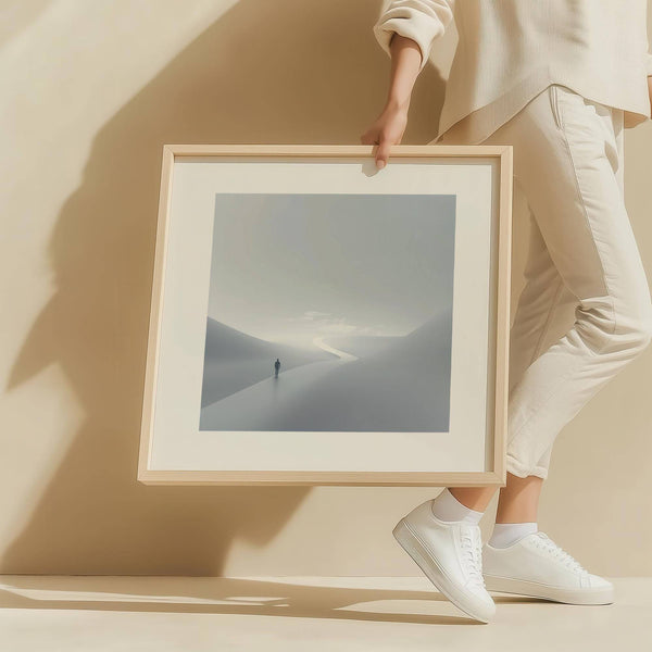 Minimalist gray and white wall art evoking journey and calm