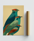 Depicting a trio of birds art print with detailed linework and a central motif composition