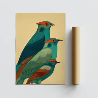 Depicting a trio of birds art print with detailed linework and a central motif composition