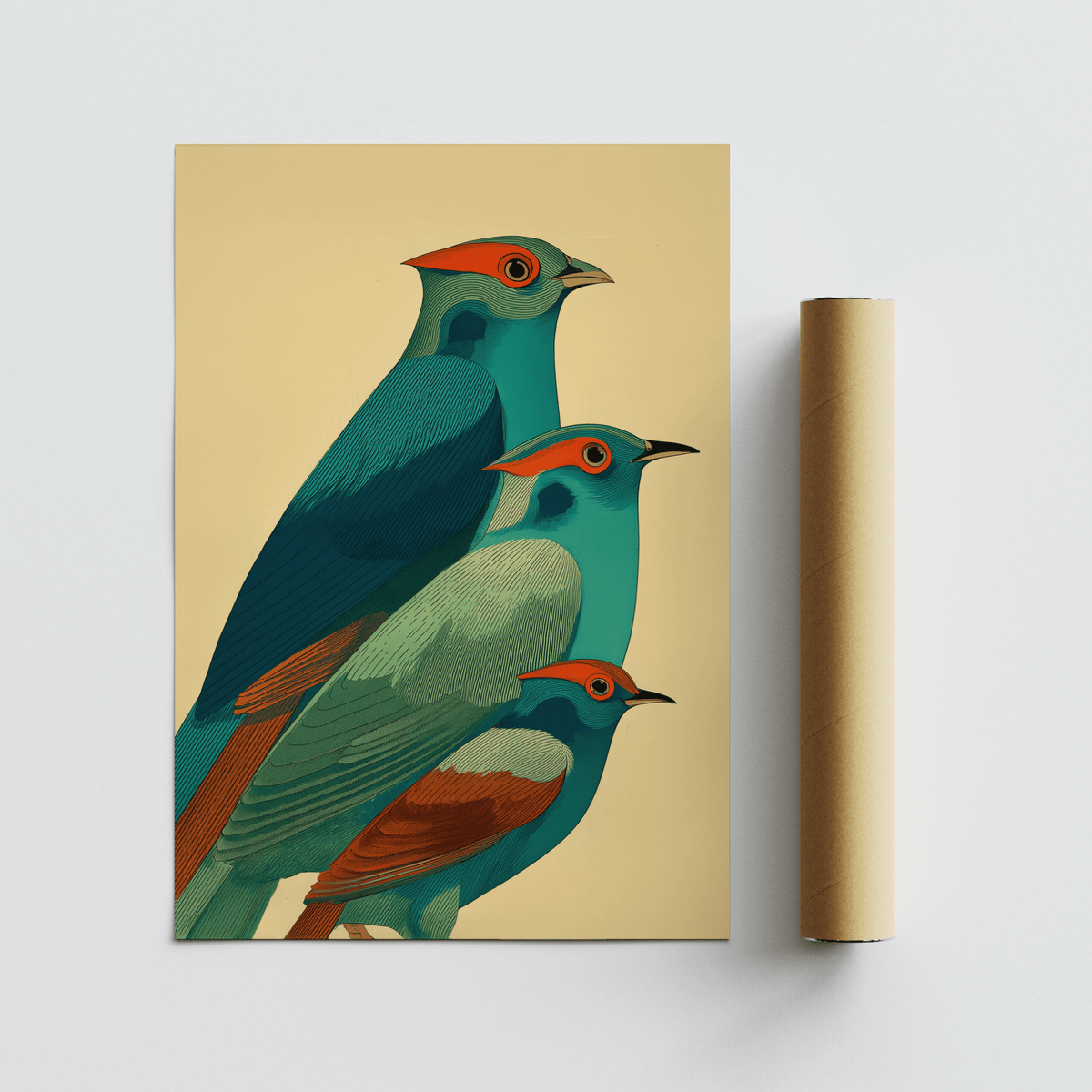 Depicting a trio of birds art print with detailed linework and a central motif composition