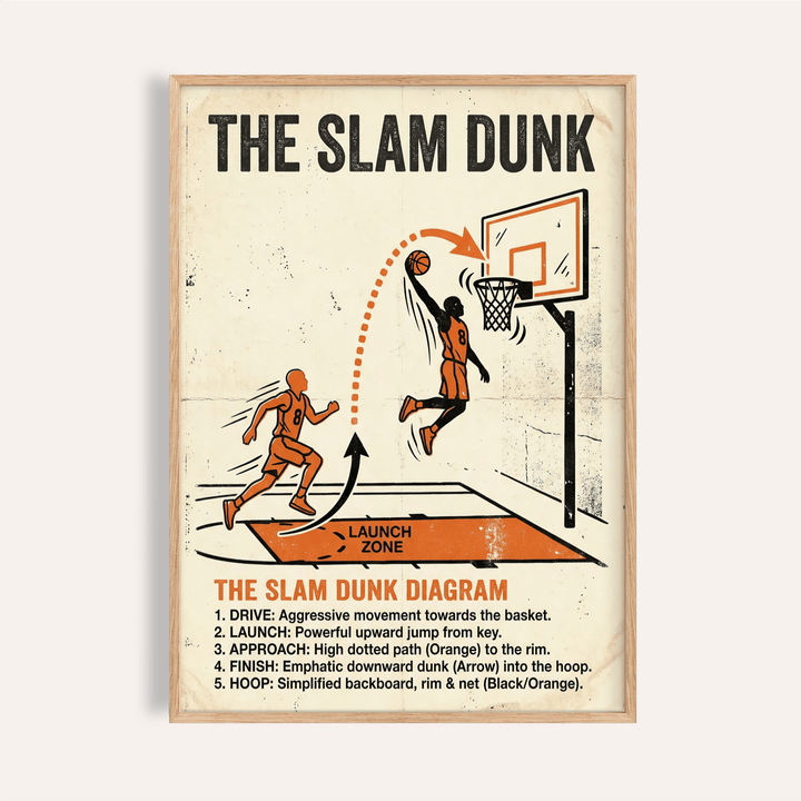 Overview of Slam Dunk Diagram Art poster showing basketball player dunking and step list wall art