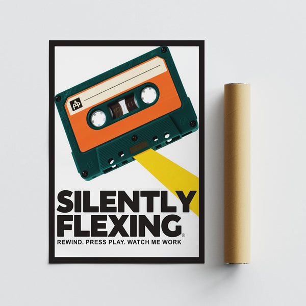 Retro cassette poster with playful tape unwind in yellow.