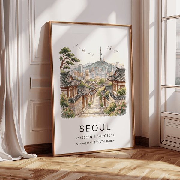 Seoul poster print with “SEOUL” text and latitude longitude coordinates
